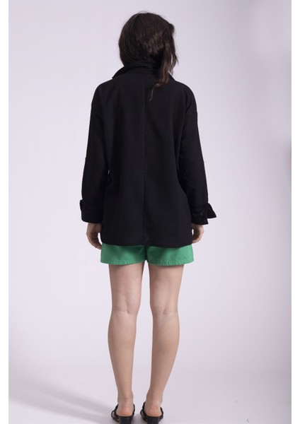 Keten Cift Cepli Oversize Gömlek Siyah