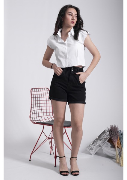 Bel Lastikli Jeans Şort Siyah