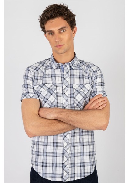 Slim Fit Kısa Kol Ekose Çift Cep Kapaklı Teksas Model Erkek Gömlek