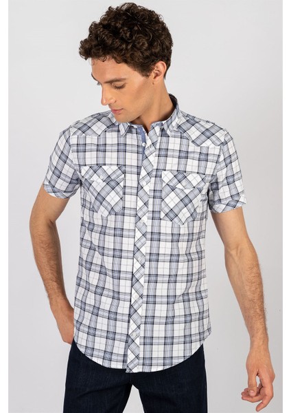 Slim Fit Kısa Kol Ekose Çift Cep Kapaklı Teksas Model Erkek Gömlek