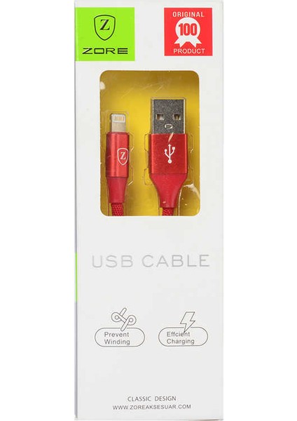 Zore Metal Uçlu Lightning USB Kablo-Kırmızı