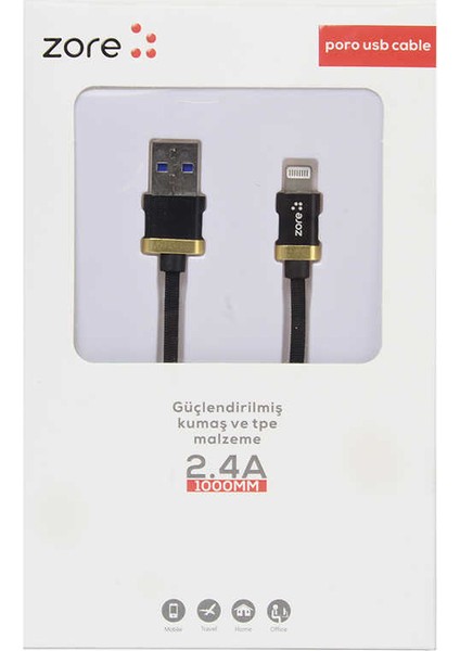 Zore Poro Lightning USB Kablo 1m-Siyah
