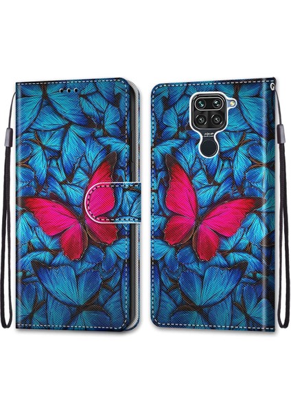 Xiaomi Redmi İçin Not 9 / 10X 4G Çapraz Doku Kılıf Mavi Kırmızı Kelebek (Yurt Dışından)