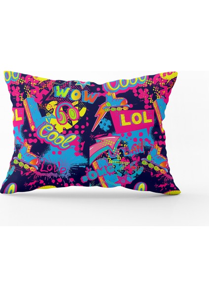 Siyah Çok Renkli Popart Desenli Dijital Baskı Kırlent Yastık Kılıfı - CGH397-3550 Çift Tarafı Baskılı