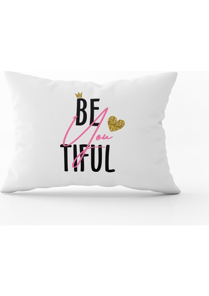 Beyaz Pembe Beautiful Yazılı Dijital Baskı Kırlent Yastık Kılıfı - CGH406-3550 Çift Tarafı Baskılı