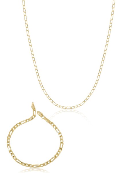 925 Ayar Gümüş Gold Kaplama Figaro Zincir Kolye Bileklik Set VES8501G45
