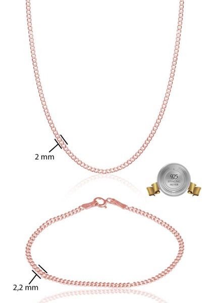 925 Ayar Gümüş Rose Kaplama Gurmet Zincir Kolye Bileklik Set VES8503R45