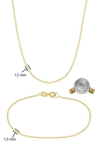 925 Ayar Gümüş Gold Kaplama Gurmet Zincir Kolye Bileklik Set VES8504G60