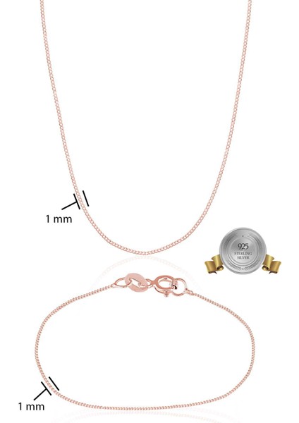 925 Ayar Gümüş Rose Kaplama Gurmet Zincir Kolye Bileklik Set VES8505R45