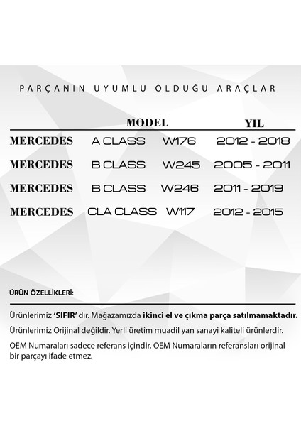 Mercedes A Class W176, B Class W246 Için Port Bagaj Çıta Kapağı