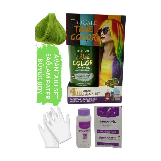 Truecolor Neon Elektrik Yeşil Saç Boyası Seti Saç Açıcı ve Eldivenli