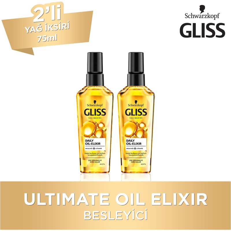 Gliss Ultımate Oil Elixir Saç Bakım Yağı Argan Kokusuyla 75 ml X 2 Adet Güçlendirici Etki