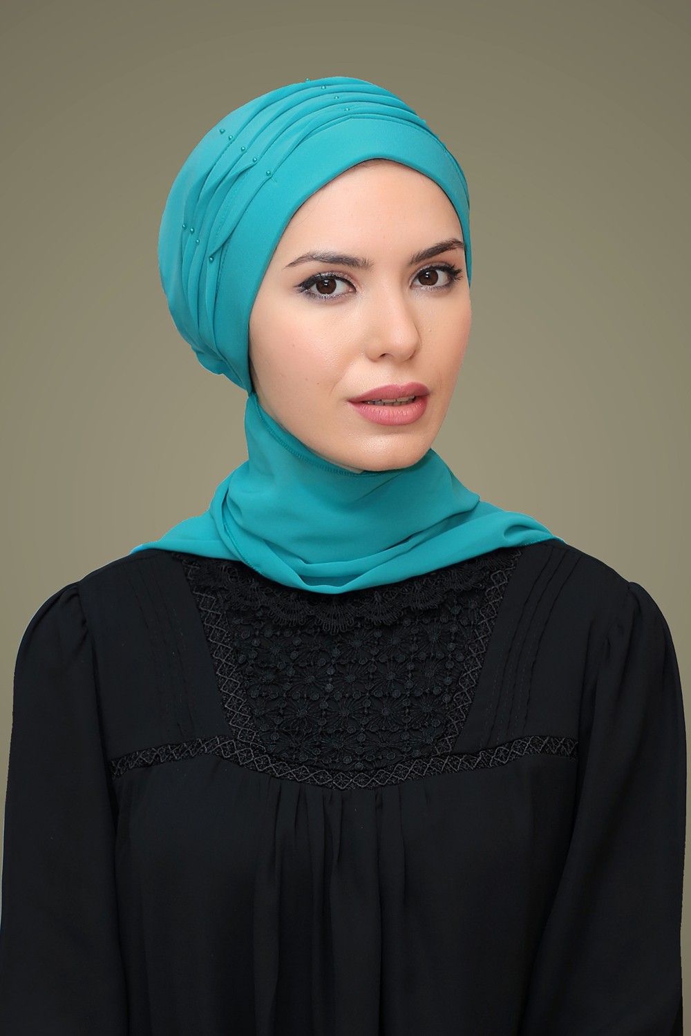 Hürrem Bone Mint Y. Pratik Hazır Geçmeli Tesettür Bone Sandy Kumaş Incili Nervürlü Güllü Atkılı 1805A_13 görsel 2