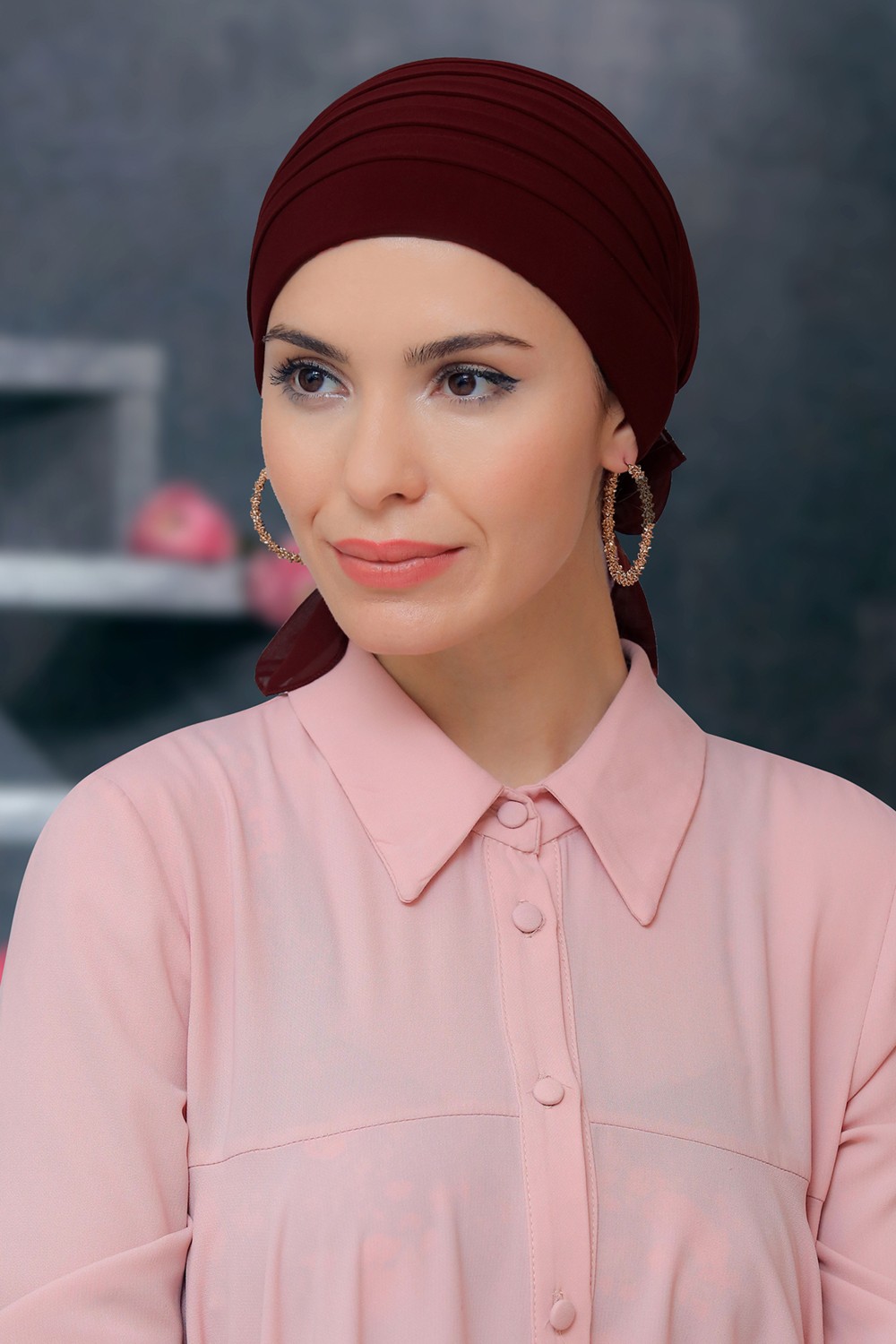 Hürrem Bone Haki Pratik Hazır Geçmeli Tesettür Bone Sandy Kumaş Pileli Nervürlü Güllü 1806_09 görsel 5