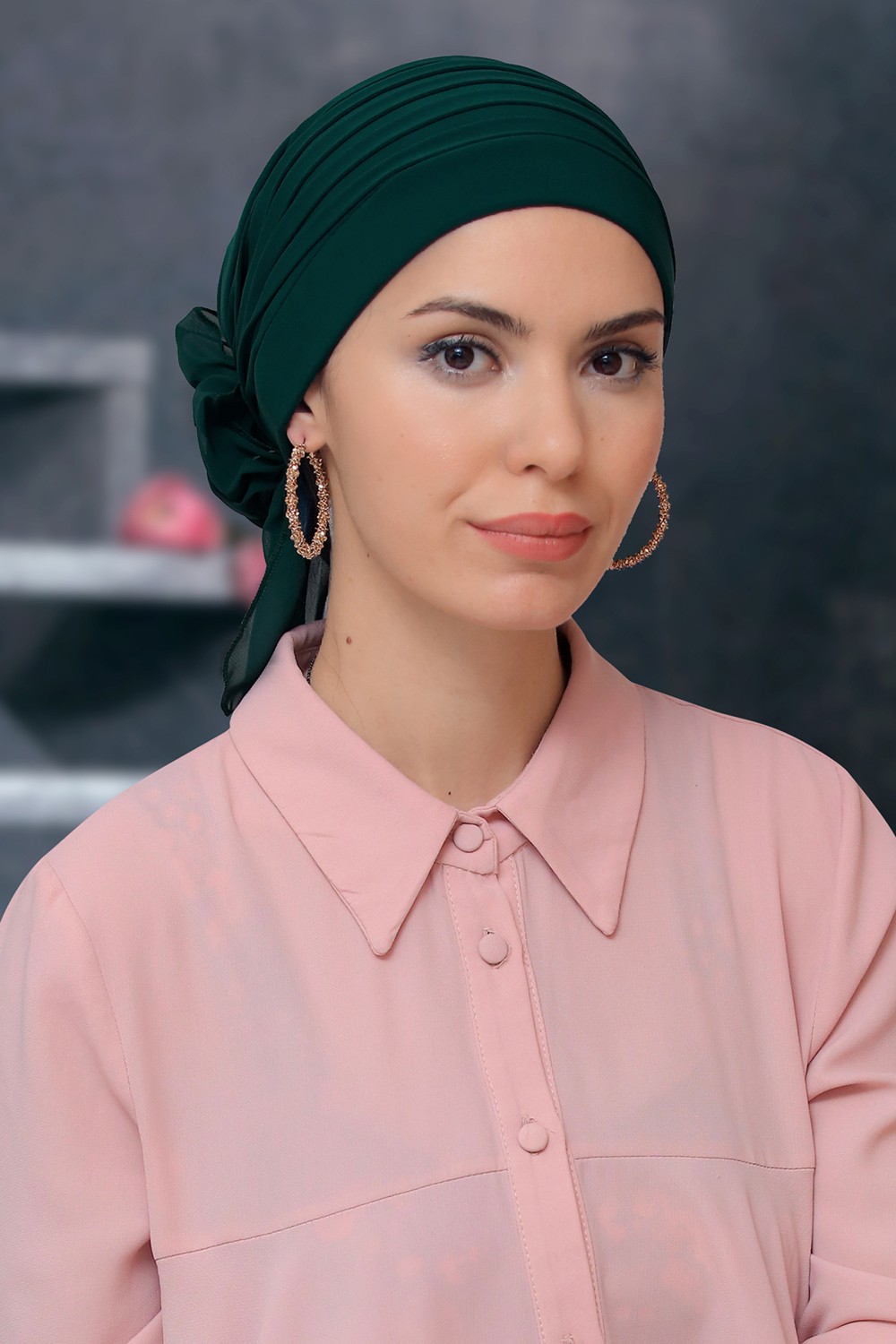 Hürrem Bone Haki Pratik Hazır Geçmeli Tesettür Bone Sandy Kumaş Pileli Nervürlü Güllü 1806_09 görsel 7