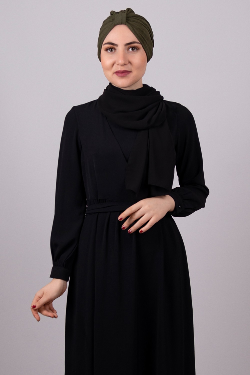 Hürrem Bone Haki Pratik Hazır Geçmeli Tesettür Bone Petekli Büzgülü 1204E_09 görsel 4