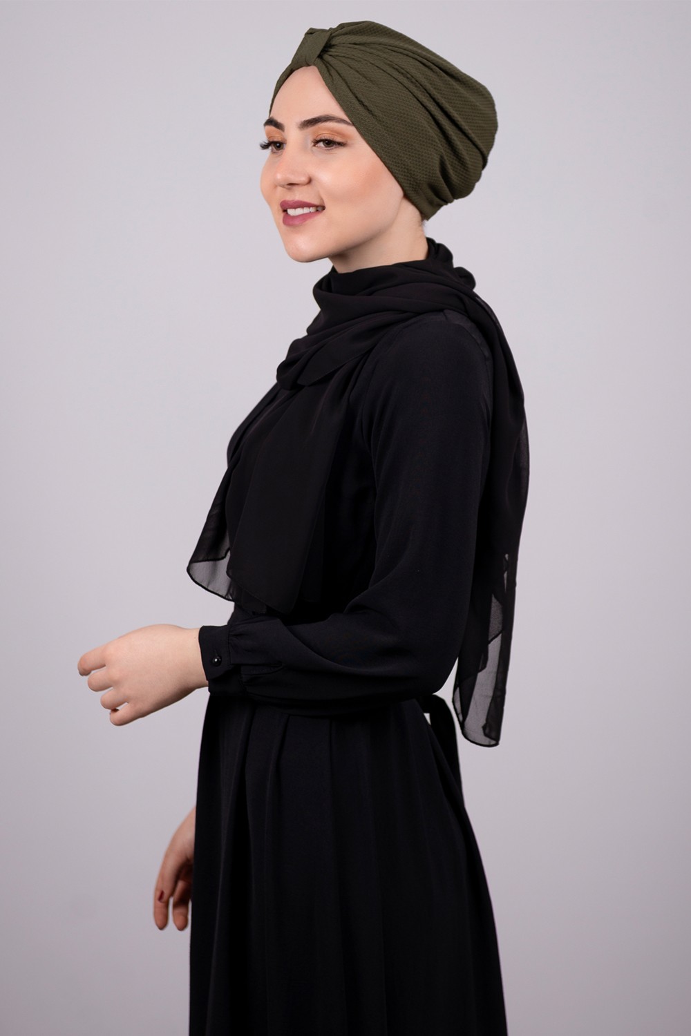 Hürrem Bone Haki Pratik Hazır Geçmeli Tesettür Bone Petekli Büzgülü 1204E_09 görsel 5