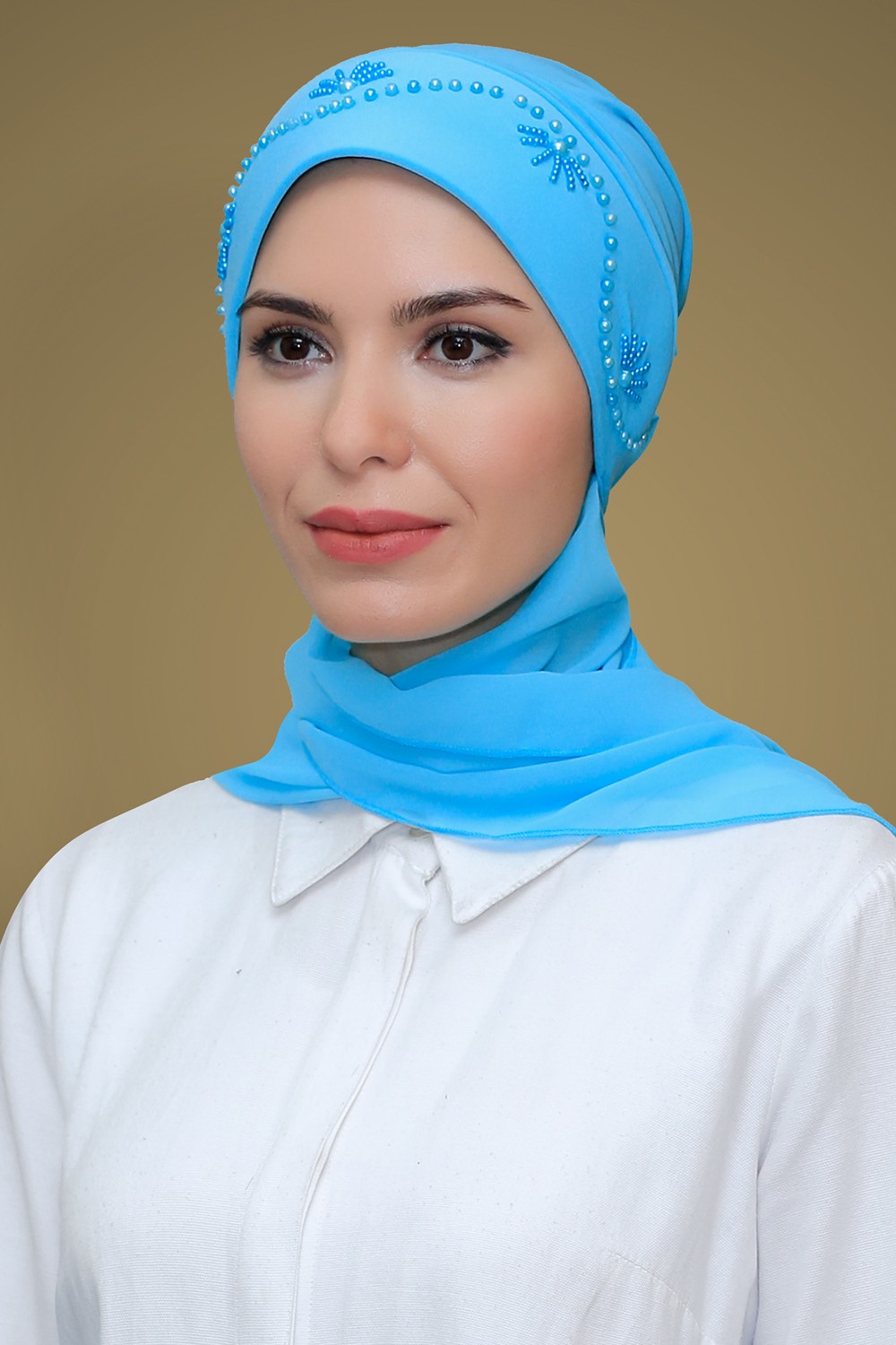 Hürrem Bone B. Mavisi Pratik Hazır Geçmeli Tesettür Bone Sandy Kumaş Güllü Işlemeli Şifon Atkılı 1206A_11
