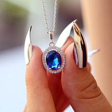 Lacivert Beyaz Zirkon Taşlı Oval Gümüş Kolye