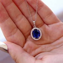 Lacivert Beyaz Zirkon Taşlı Oval Gümüş Kolye