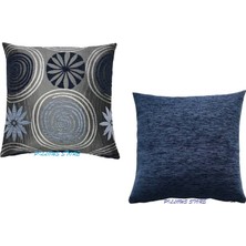 Pillows Store Çiçek Desenli Açık Mavi-Lacivert Kırlent Seti 2 Adet 45 x 45 cm