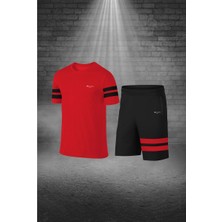 Erkek Kırmızı Dri-Fit Kumaş Baskısız Yuvarlak Yaka Kısa Kol Tişört Şort Alt Üst Takım (S-3xl)