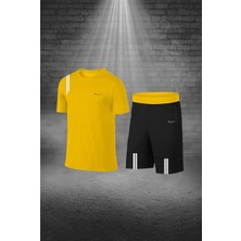 Poseidon Storm Erkek Sarı Dri-Fit Kumaş Konforlu Cepli Sıfır Yaka Tişört Şort Ikili Alt Üst Seti (S-3xl)