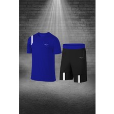 Poseidon Storm Erkek Mavi Dri-Fit Kumaş Cepli Baskısız Bisiklet Yaka Sporcu Tişört Şort Alt Üst Ikili Takım (S-3xl)