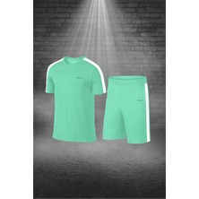 Büyük Beden Erkek Su Yeşili Dri-Fit Kumaş Baskısız Yuvarlak Yaka Kısa Kol Tişört Şort Alt Üst Spor Takım  (4XL-10XL)