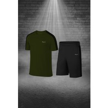 Büyük Beden Erkek Haki Dri-Fit Kumaş Yürüyüş ve Koşu Için Konforlu Cepli Sıfır Yaka Tişört Şort Ikili Alt Üst Set  (4XL-10XL)