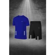 Büyük Beden Erkek Mavi Dri-Fit Kumaş Spor Için Konforlu Cepli Bisiklet Yaka Tişört Şort Alt Üst Takım  (4XL-10XL)