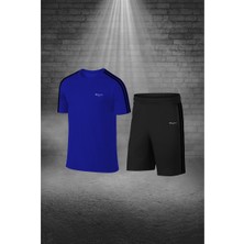Poseidon Storm Büyük Beden Erkek Mavi Dri-Fit Kumaş Spor Için Konforlu Cepli Kısa Kol Tişört Şort Ikili Takım   (4XL-10XL)