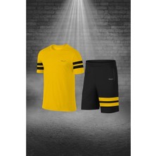 Büyük Beden Erkek Sarı Dri-Fit Kumaş Düz Yuvarlak Yaka Kısa Kol Konforlu Tişört Şort Alt Üst Ikili Takım Seti   (4XL-10XL)