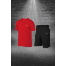 Büyük Beden Erkek Kırmızı Dri-Fit Kumaş Cepli Baskısız Sıfır Yaka Kısa Kol Alt Üst Takım Tişört Şort Seti (4XL-10XL)