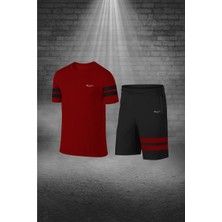 Büyük Beden Erkek Bordo Dri-Fit Kumaş Baskısız Günlük Rahat Tişört Şort Spor Takım Seti  (4XL-10XL)