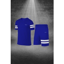 Büyük Beden Erkek Mavi Dri-Fit Kumaş Baskısız Yuvarlak Yaka Kısa Kol Tişört Şort Alt Üst Spor Takım  (4XL-10XL)