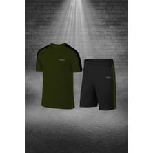 Büyük Beden Erkek Haki Dri-Fit Kumaş Yürüyüş ve Koşu Için Konforlu Cepli Sıfır Yaka Tişört Şort Ikili Alt Üst Seti  (4XL-10XL)