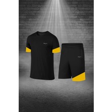 Büyük Beden Erkek Siyah Dri-Fit Kumaş Baskısız Yuvarlak Yaka Kısa Kol Regular Tişört Şort Alt Üst Ikili Takım  (4XL-10XL)