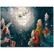 Cakapuzzle Dolunayda Noel Baba ve Geyiklerini Izleyenler 255 Parça Puzzle Yapboz Mdf (Ahşap)