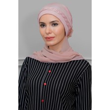 Hürrem Bone Pudra Pratik Hazır Geçmeli Tesettür Bone Fukuro Piliseli Örgülü Şifon Atkılı 1825A_06