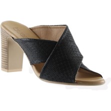 Bueno Shoes Siyah Deri Kadın Topuklu Terlik