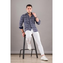Akçaylar Bican Baskılı Çizgili Yaka Düğmeli Slimfit Erkek Gömlek