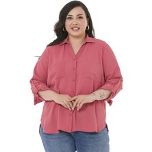 Disentis Modest Büyük Beden Katlamalı Kollu Çift Cepli Sırt Büzgü Detaylı Arkası Uzun Pembe Gömlek