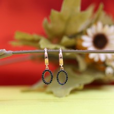 Siyah Taşlı Sallantılı Oval Gümüş Küpe