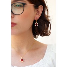 Kırmızı Beyaz Zirkon Taşlı Oval Gümüş Kolye Küpe Takım