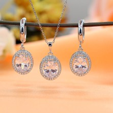 Beyaz Zirkon Taşlı Oval Gümüş Kolye Küpe Takım