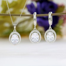 Beyaz Zirkon Taşlı Oval Gümüş Kolye Küpe Takım