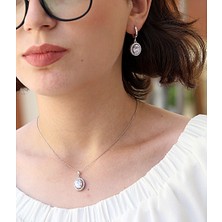 Beyaz Zirkon Taşlı Oval Gümüş Kolye Küpe Takım