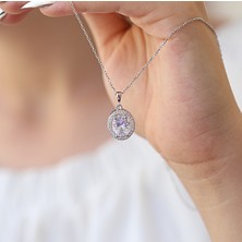 Beyaz Zirkon Taşlı Oval Gümüş Kolye Küpe Takım