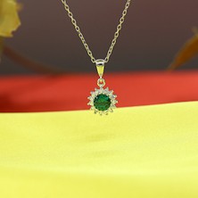Yeşil Beyaz Taşlı Minimal Anturaj Yuvarlak Gümüş Kolye